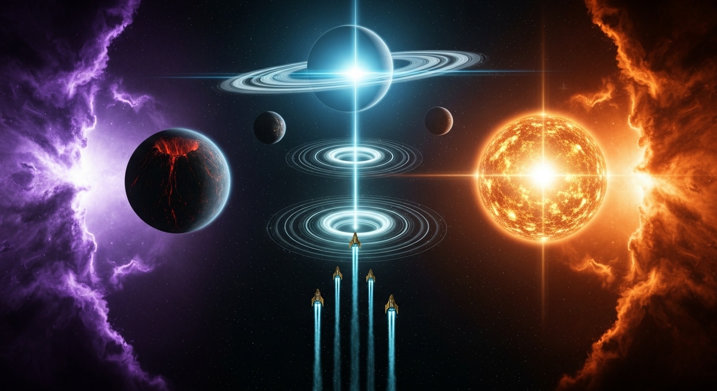 Ships flying through cosmic gravity wells in Gravity of Destiny