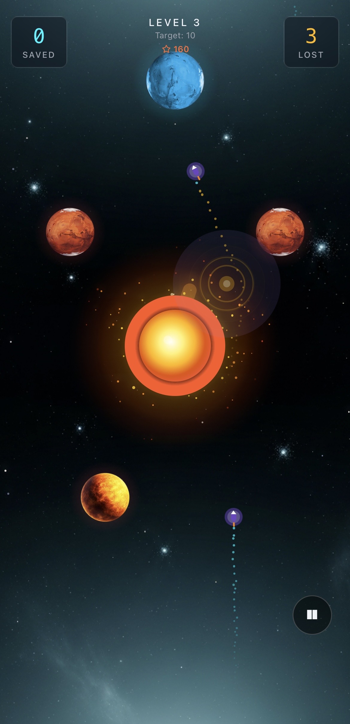 Level 3 gameplay — ships navigating past a sun with gravity wells active