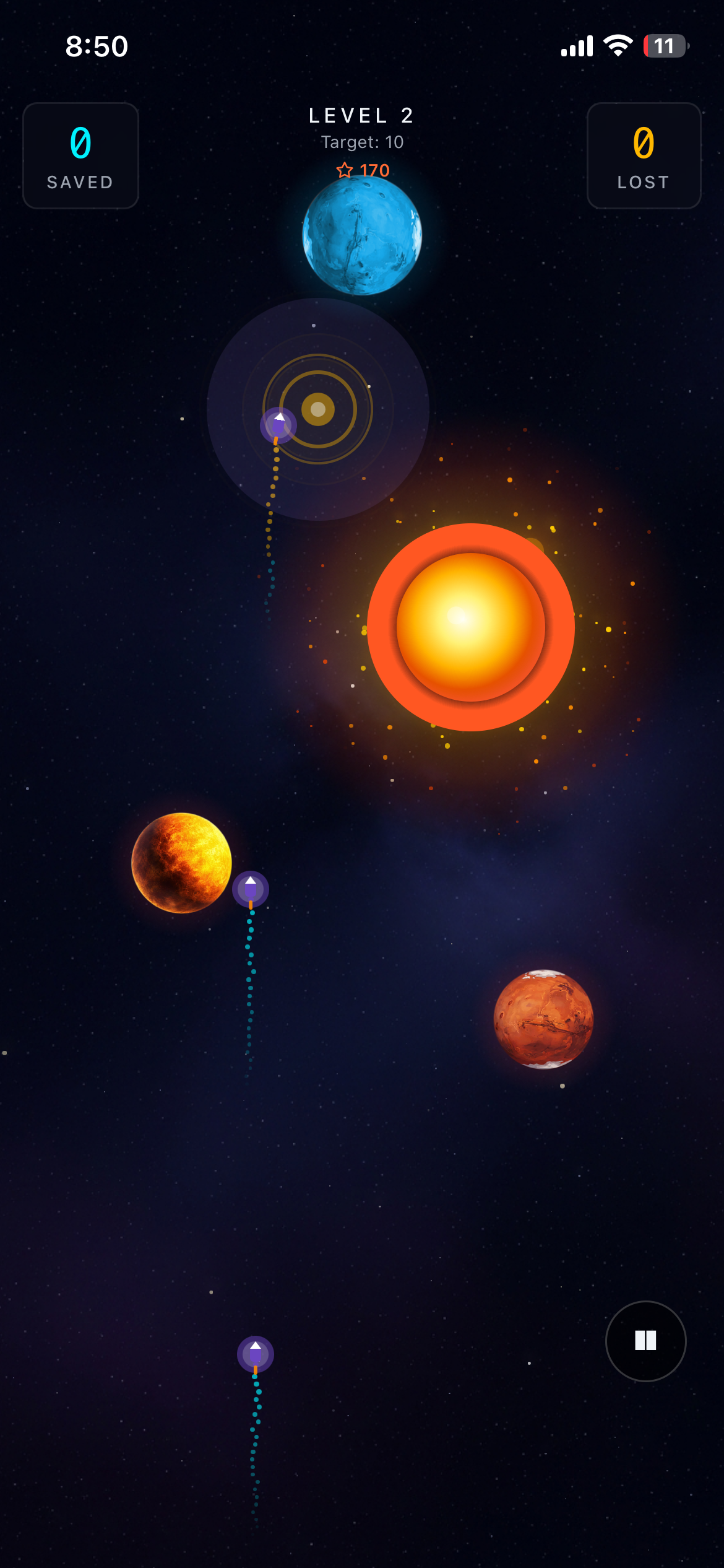 Level 2 gameplay — gravity well pulse mid-flight near the sun