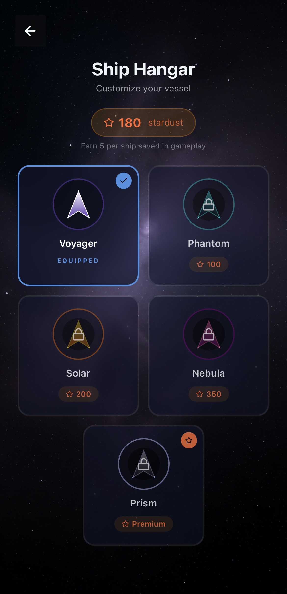 Ship Hangar showing customizable vessel skins and stardust currency
