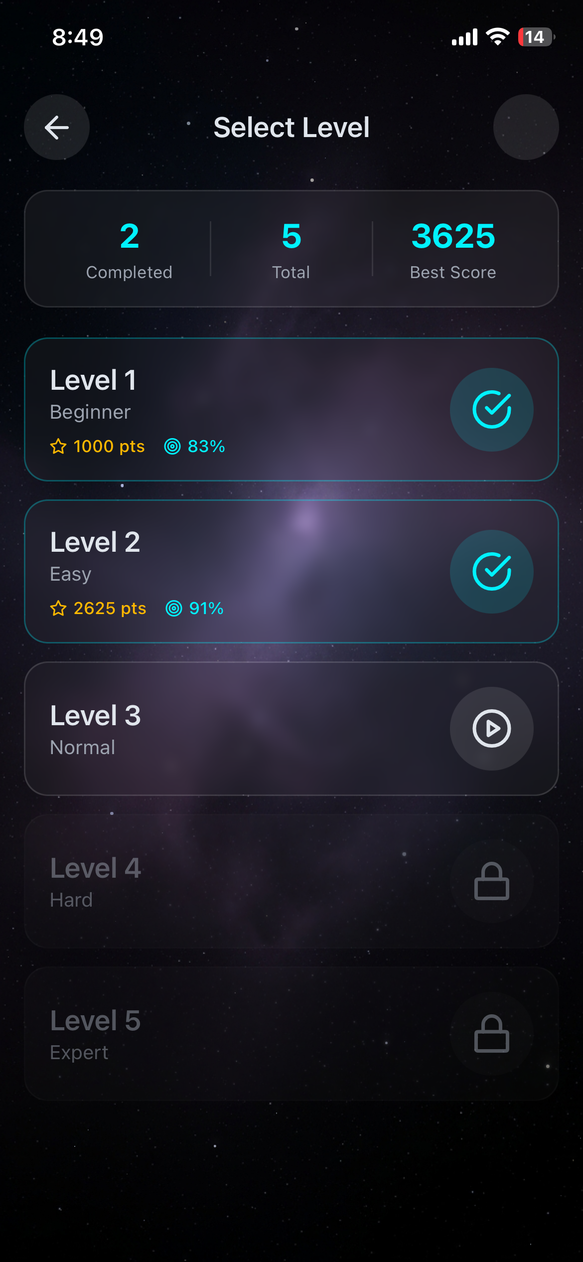 Select Level screen showing progress and high scores